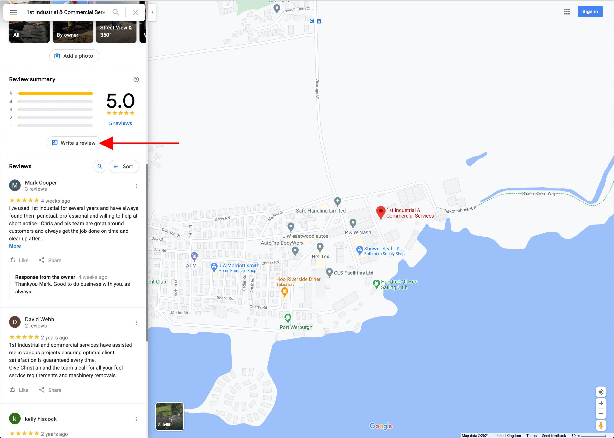 Pic showing a Google Review button highlighted on a Google Maps search